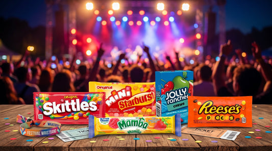 Concert night candy products arranged on a venue table with stage lights