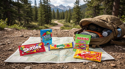 Real candy packages arranged beside a hiking backpack and trail map at a mountain overlook