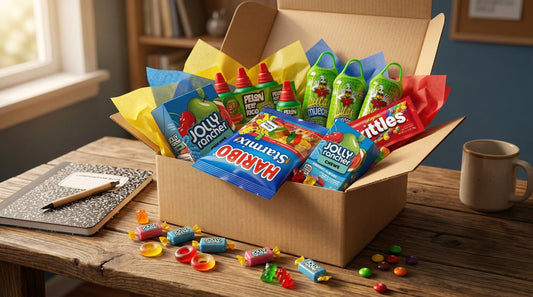 Candy care package ideas with real candy products on a dorm desk