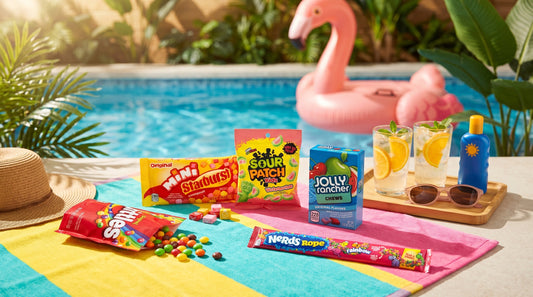 Poolside lifestyle scene with real packaged candy favorites on a bright summer snack setup