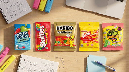 Best candy for study breaks arranged on a real dorm desk with notebooks and pens