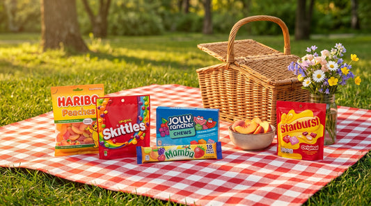 Real picnic candy products arranged on a spring picnic blanket outdoors