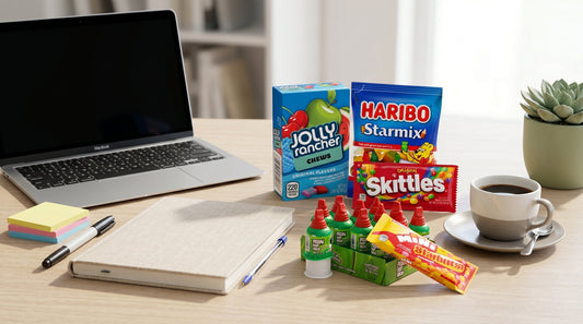 Real office candy products arranged on a bright desk with a notebook and coffee