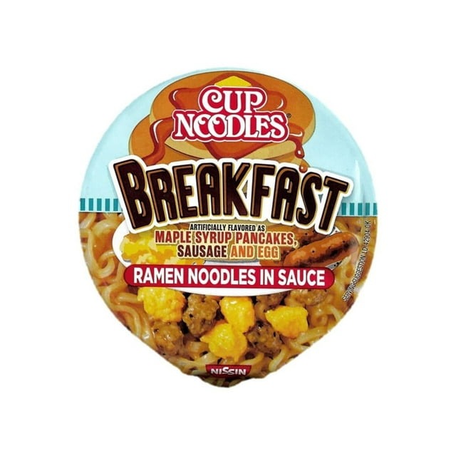 Nissin Cup Noodles Breakfast Maple Syrup Pancakes, Sausage, and Egg