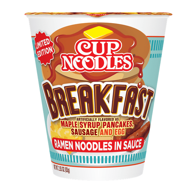 Nissin Cup Noodles Breakfast Maple Syrup Pancakes, Sausage, and Egg