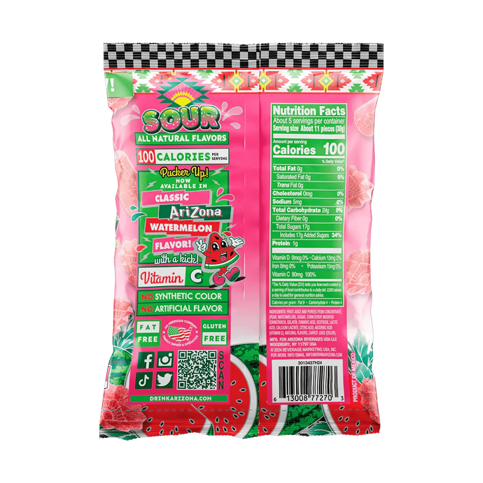 AriZona Sour Watermelon Fruit Snacks 5oz back label - Buy at Snack Rack City