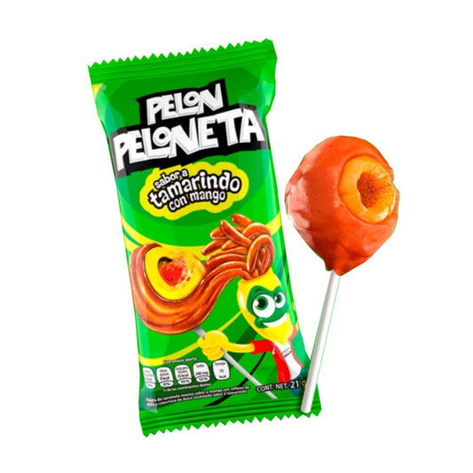 Pelon Peloneta Tamarindo Single 21g wrapped lollipop and unwrapped paleta 1512